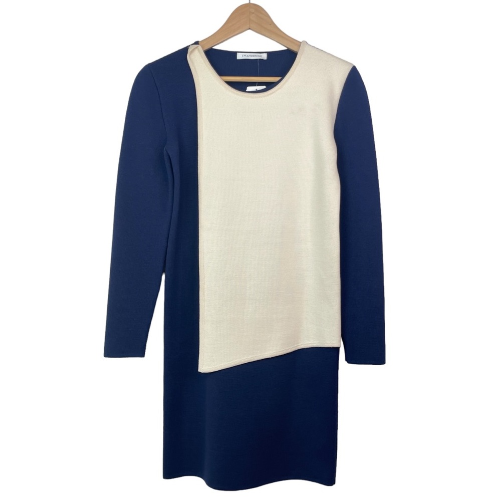 NWT JW Anderson Vintage High-End Luxury Navy Cream Chic Virgin Wool Shift Dress